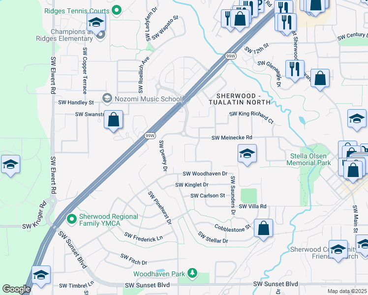 map of restaurants, bars, coffee shops, grocery stores, and more near 22267 Southwest Timber Crossing Terrace in Sherwood