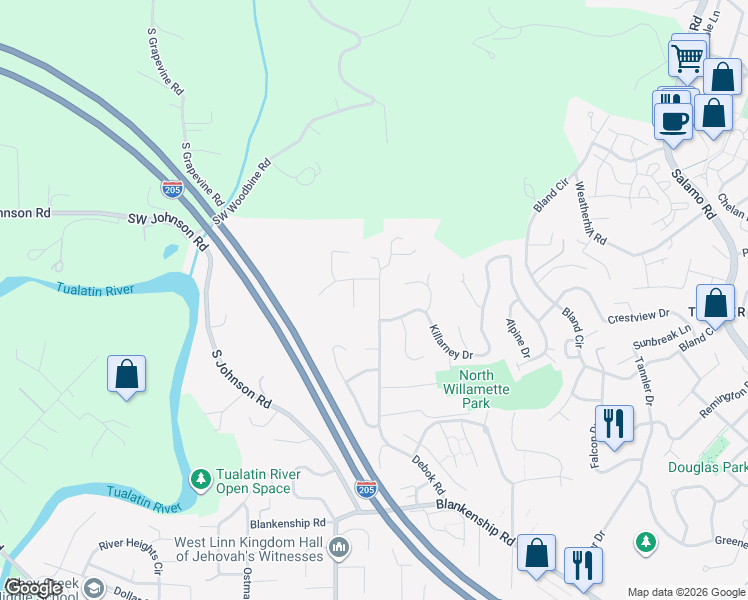 map of restaurants, bars, coffee shops, grocery stores, and more near 2557 Debok Road in West Linn