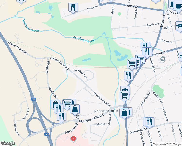map of restaurants, bars, coffee shops, grocery stores, and more near 47 Robertson Crescent in Truro