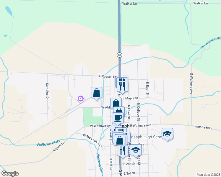 map of restaurants, bars, coffee shops, grocery stores, and more near 612 North Mill Street in Joseph
