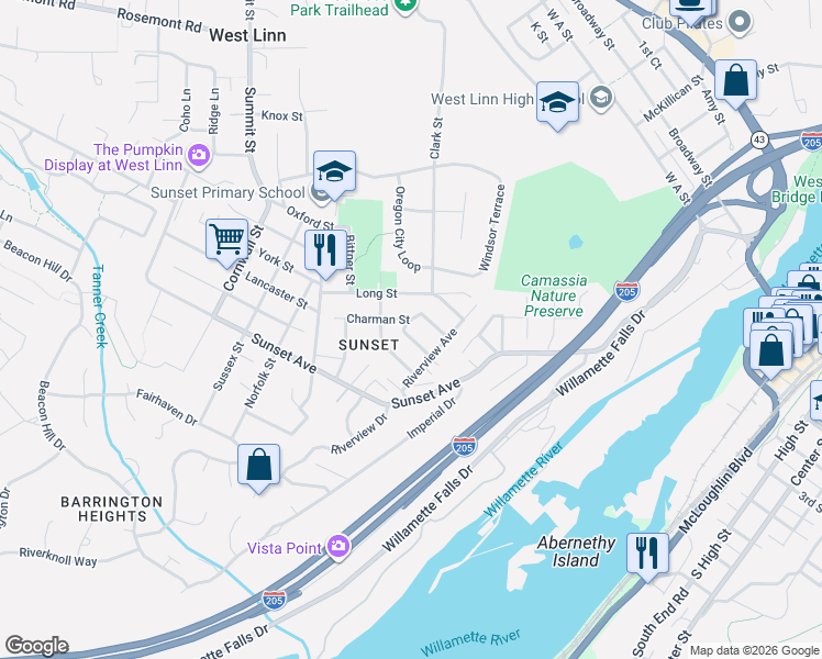 map of restaurants, bars, coffee shops, grocery stores, and more near 2088 Oak Street in West Linn