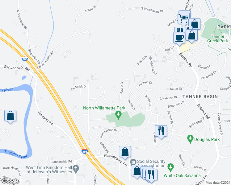 map of restaurants, bars, coffee shops, grocery stores, and more near 2540 Kilkenny Court in West Linn