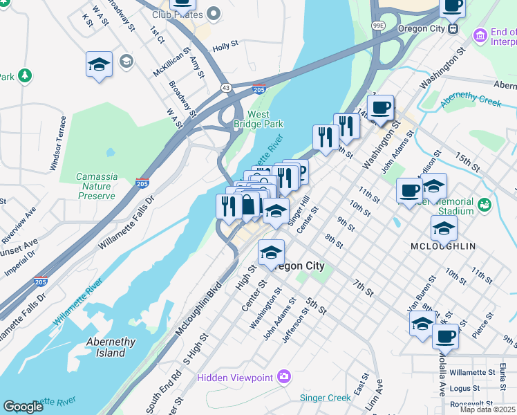 map of restaurants, bars, coffee shops, grocery stores, and more near in Oregon City
