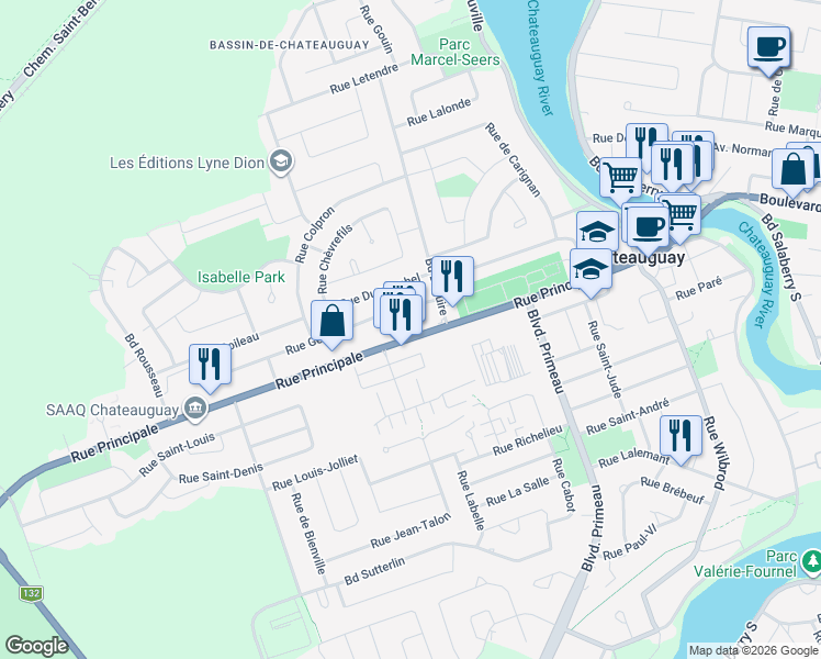 map of restaurants, bars, coffee shops, grocery stores, and more near 116 Rue Principale in Châteauguay