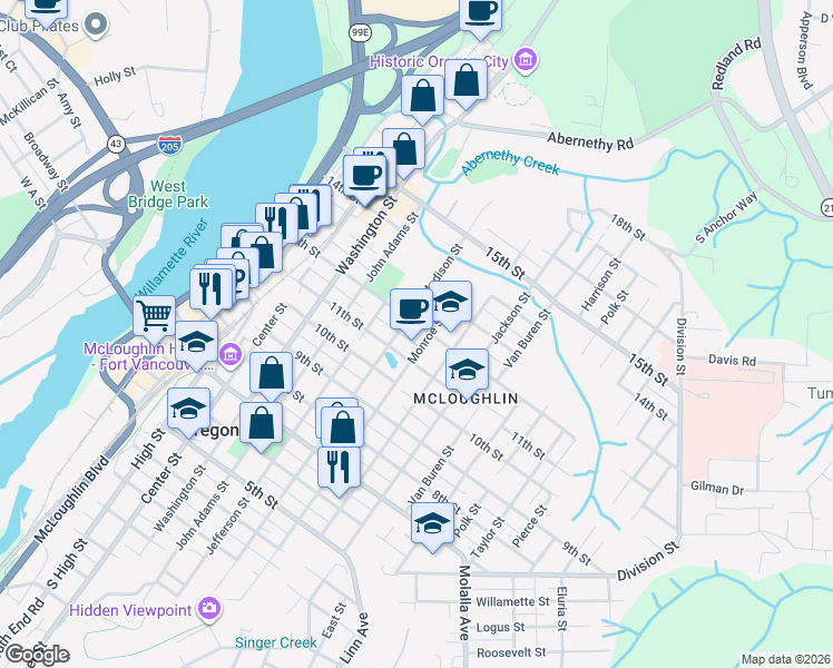 map of restaurants, bars, coffee shops, grocery stores, and more near 1207 Monroe Street in Oregon City