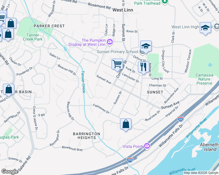 map of restaurants, bars, coffee shops, grocery stores, and more near 2750 Sunset Avenue in West Linn