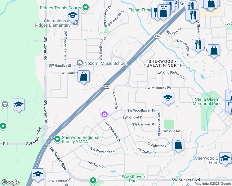 map of restaurants, bars, coffee shops, grocery stores, and more near 22317 Southwest Saxon Place in Sherwood