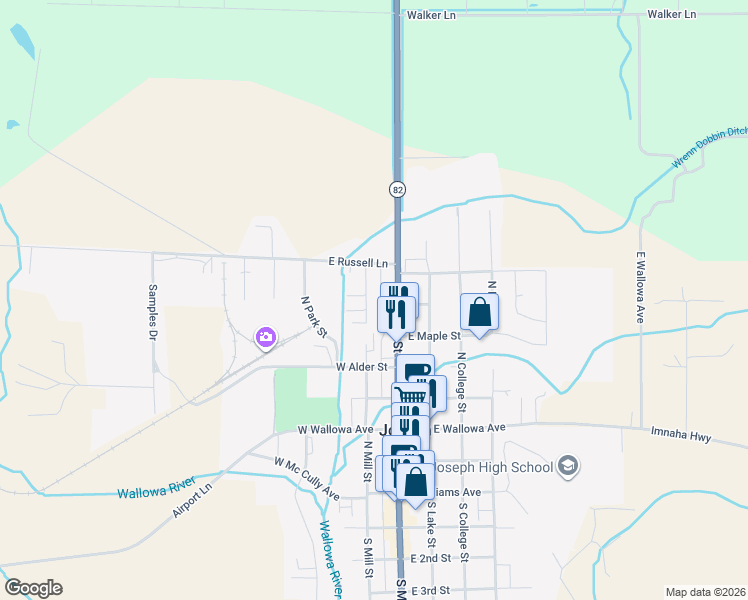 map of restaurants, bars, coffee shops, grocery stores, and more near 612 North Mill Street in Joseph