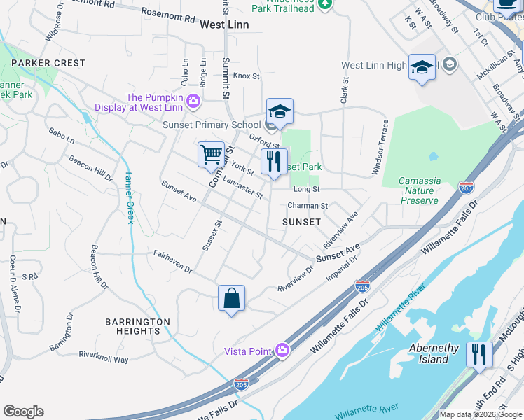 map of restaurants, bars, coffee shops, grocery stores, and more near 2461 Warwick Street in West Linn