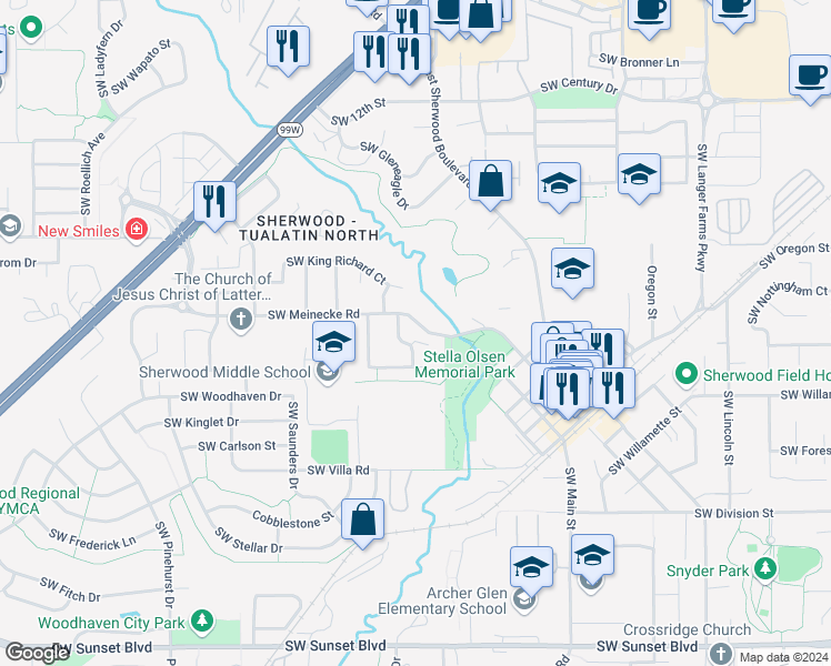 map of restaurants, bars, coffee shops, grocery stores, and more near 16559 Southwest Shane Court in Sherwood