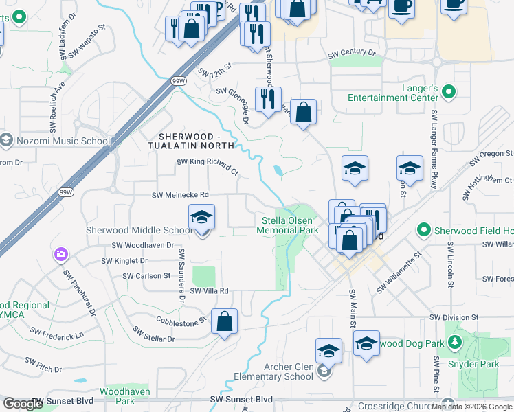 map of restaurants, bars, coffee shops, grocery stores, and more near 16559 Southwest Shane Court in Sherwood