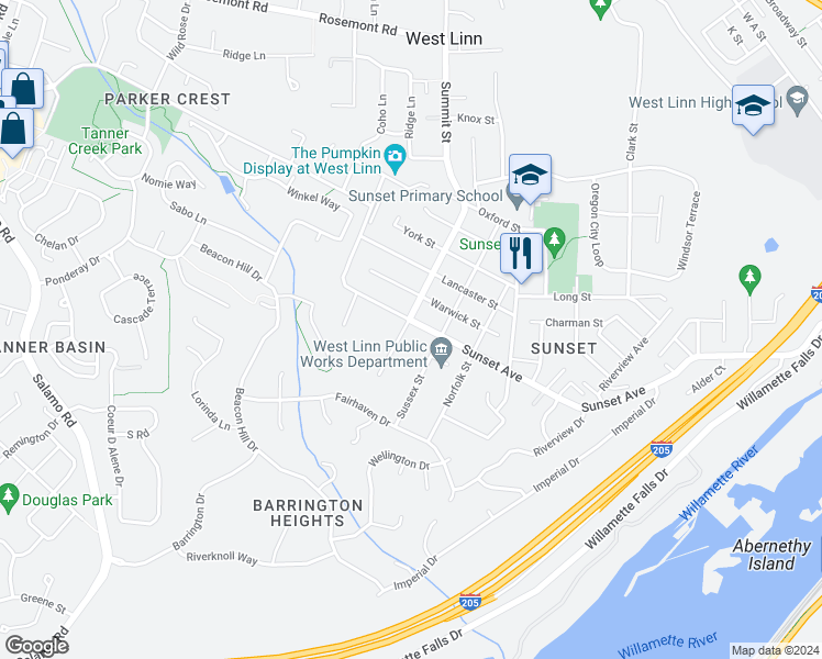 map of restaurants, bars, coffee shops, grocery stores, and more near 2690 Sunset Avenue in West Linn