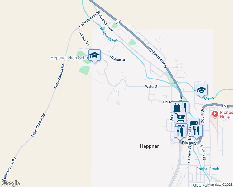 map of restaurants, bars, coffee shops, grocery stores, and more near 115 Sage Hill Drive in Heppner