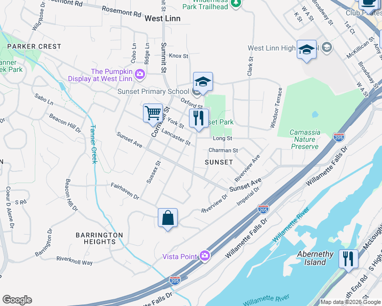 map of restaurants, bars, coffee shops, grocery stores, and more near 2461 Warwick Street in West Linn