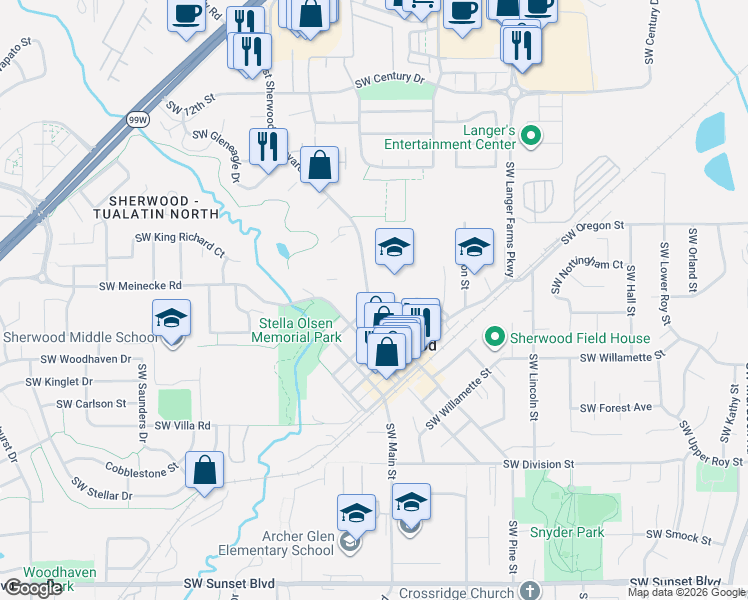 map of restaurants, bars, coffee shops, grocery stores, and more near 22021 Southwest Sherwood Boulevard in Sherwood