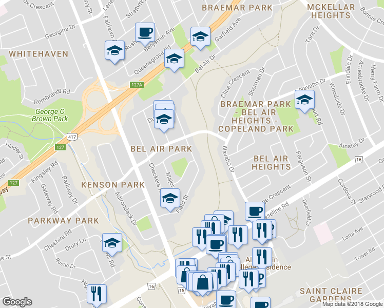 map of restaurants, bars, coffee shops, grocery stores, and more near Field Street in Ottawa