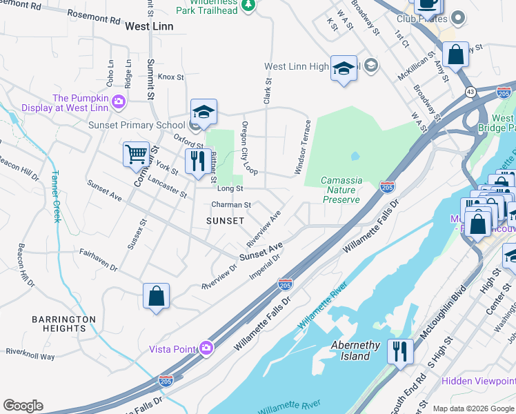 map of restaurants, bars, coffee shops, grocery stores, and more near 2088 Oak Street in West Linn