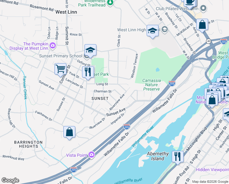 map of restaurants, bars, coffee shops, grocery stores, and more near 2088 Oak Street in West Linn