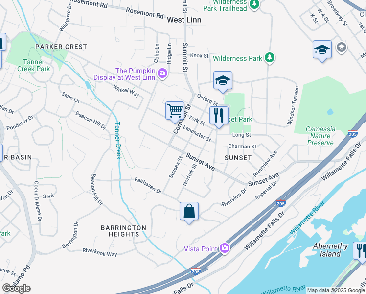 map of restaurants, bars, coffee shops, grocery stores, and more near 4340 Sussex Street in West Linn
