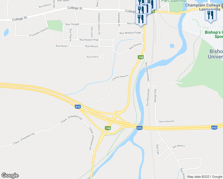 map of restaurants, bars, coffee shops, grocery stores, and more near Chemin Rawson in Sherbrooke