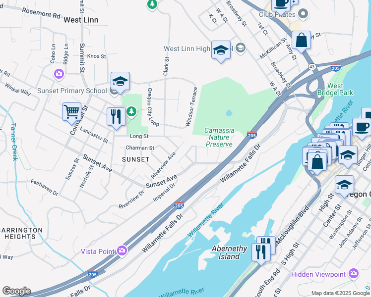 map of restaurants, bars, coffee shops, grocery stores, and more near 4773 Falls View Avenue in West Linn