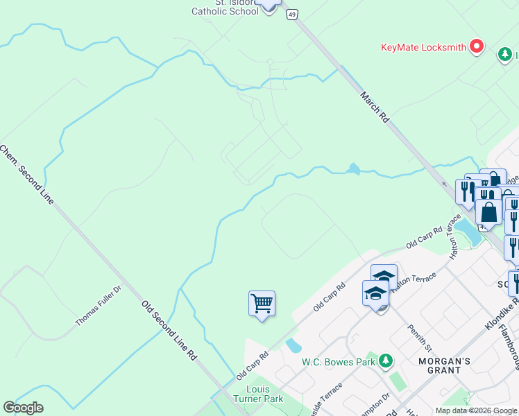 map of restaurants, bars, coffee shops, grocery stores, and more near 22 Marchbrook Circle in Ottawa