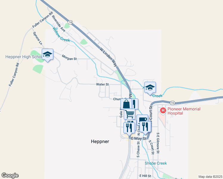 map of restaurants, bars, coffee shops, grocery stores, and more near 570 Jones Street in Heppner