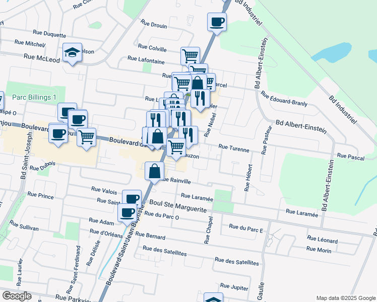 map of restaurants, bars, coffee shops, grocery stores, and more near 101 Rue Lauzon in Châteauguay