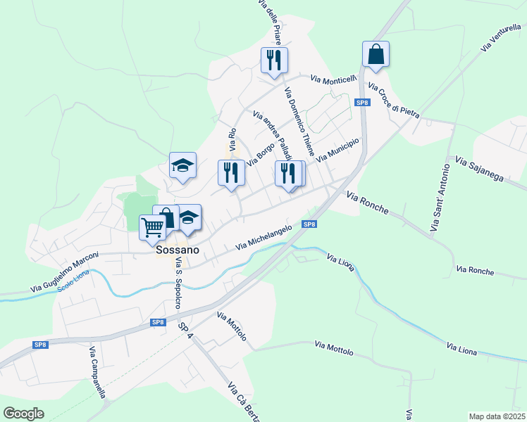 map of restaurants, bars, coffee shops, grocery stores, and more near 67 Via Roma in Sossano