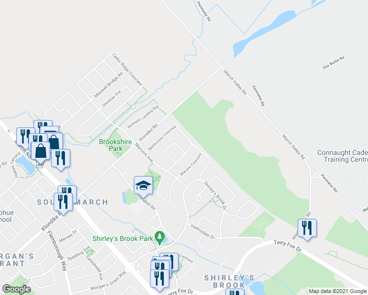 map of restaurants, bars, coffee shops, grocery stores, and more near 150 Strathcarron Crescent in Ottawa