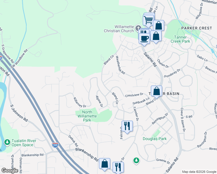 map of restaurants, bars, coffee shops, grocery stores, and more near 23035 Bland Circle in West Linn