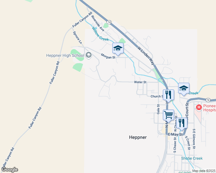 map of restaurants, bars, coffee shops, grocery stores, and more near 115 Sage Hill Road in Heppner