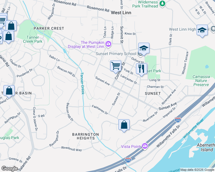 map of restaurants, bars, coffee shops, grocery stores, and more near 2750 Sunset Avenue in West Linn
