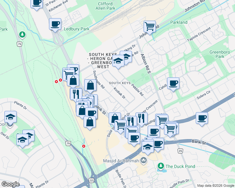 map of restaurants, bars, coffee shops, grocery stores, and more near 3318 Kodiak Street in Ottawa