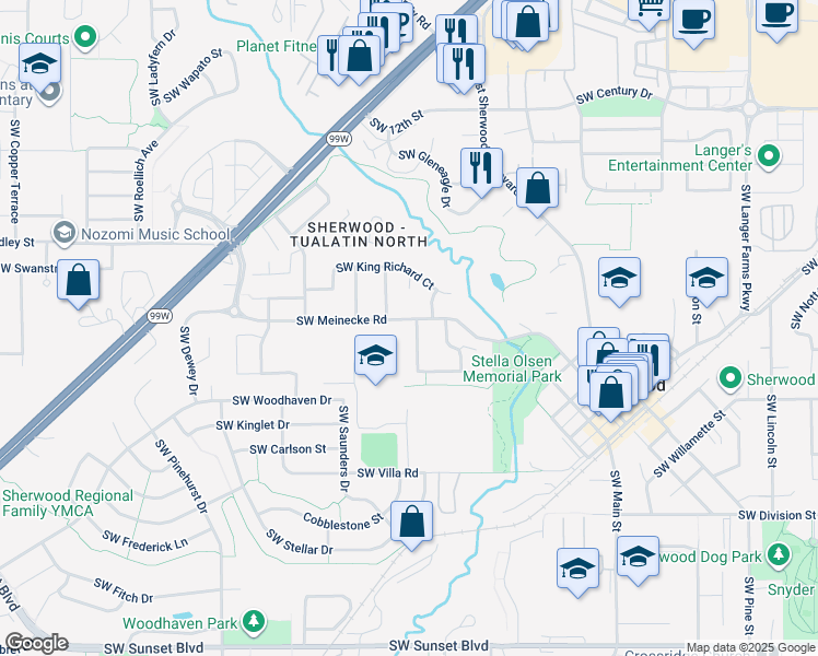 map of restaurants, bars, coffee shops, grocery stores, and more near 22311 Southwest Marshall Street in Sherwood