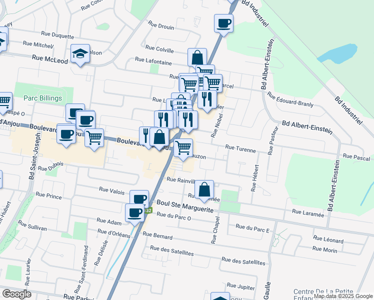 map of restaurants, bars, coffee shops, grocery stores, and more near 101 Rue Lauzon in Châteauguay