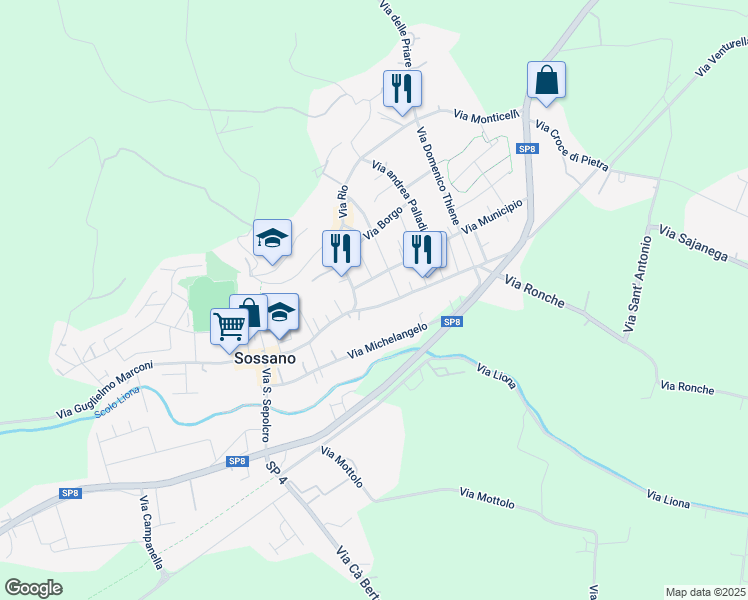 map of restaurants, bars, coffee shops, grocery stores, and more near 67 Via Roma in Sossano