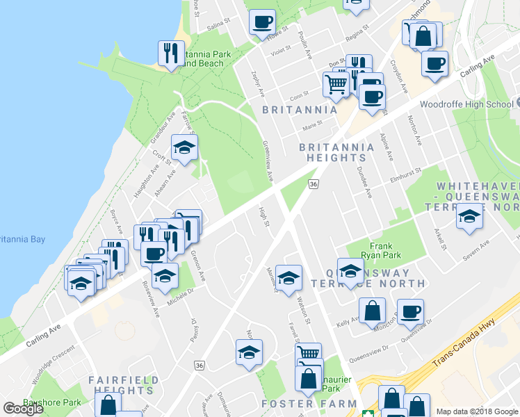 map of restaurants, bars, coffee shops, grocery stores, and more near 804 High Street in Ottawa