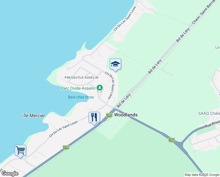 map of restaurants, bars, coffee shops, grocery stores, and more near 557 Chemin du Lac-Saint-Louis in Léry