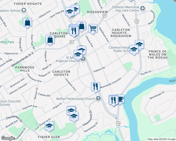 map of restaurants, bars, coffee shops, grocery stores, and more near in Ottawa