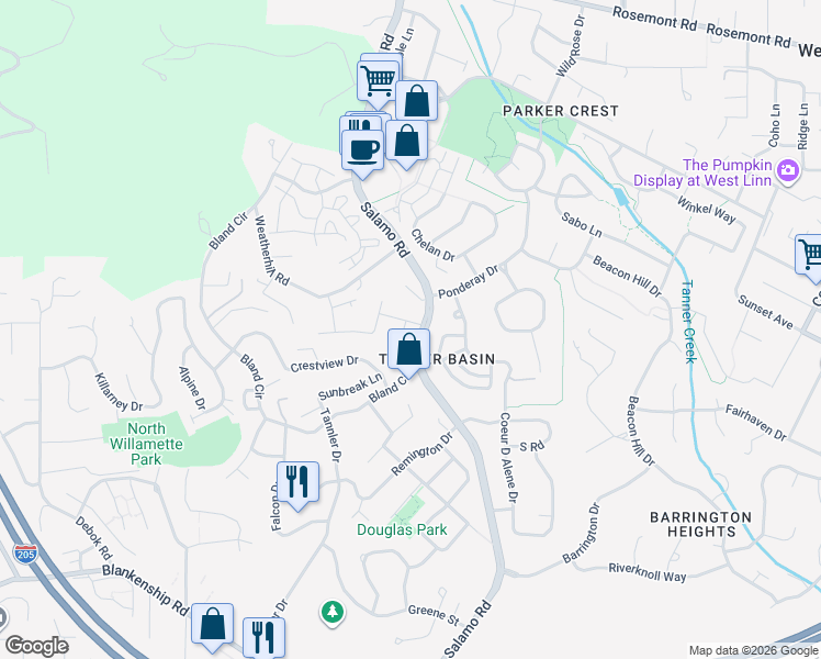 map of restaurants, bars, coffee shops, grocery stores, and more near 2763 Dahlia Drive in West Linn