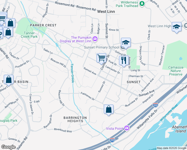 map of restaurants, bars, coffee shops, grocery stores, and more near 2750 Sunset Avenue in West Linn