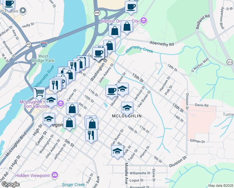 map of restaurants, bars, coffee shops, grocery stores, and more near 1207 Monroe Street in Oregon City