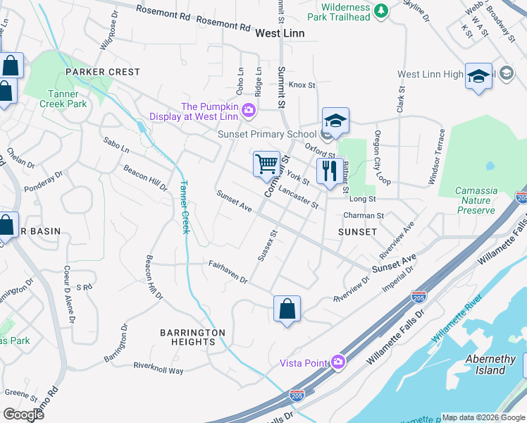 map of restaurants, bars, coffee shops, grocery stores, and more near 4315 Cornwall Street in West Linn