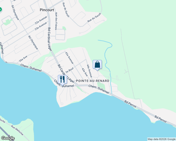 map of restaurants, bars, coffee shops, grocery stores, and more near 65 44e Avenue in Pincourt