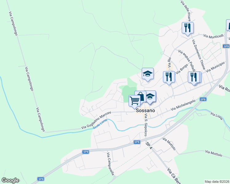 map of restaurants, bars, coffee shops, grocery stores, and more near 43 Via Camillo Benso Conte di Cavour in Sossano
