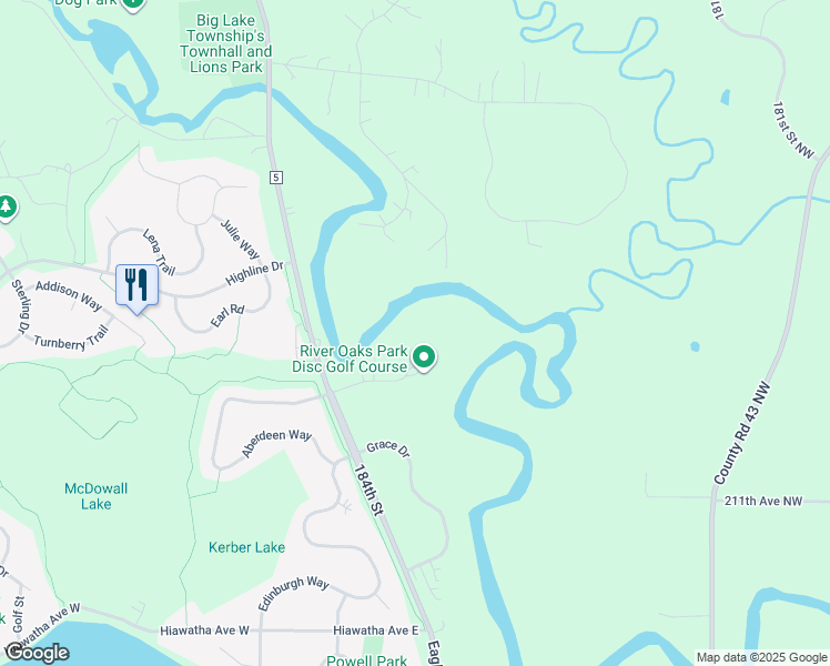 map of restaurants, bars, coffee shops, grocery stores, and more near 21353 County Road 5 in Big Lake