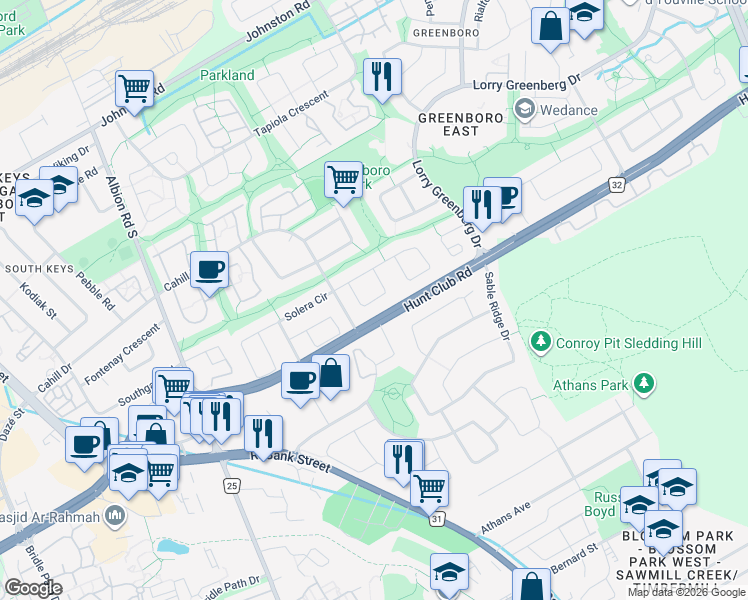 map of restaurants, bars, coffee shops, grocery stores, and more near Havenhurst Crescent in Ottawa