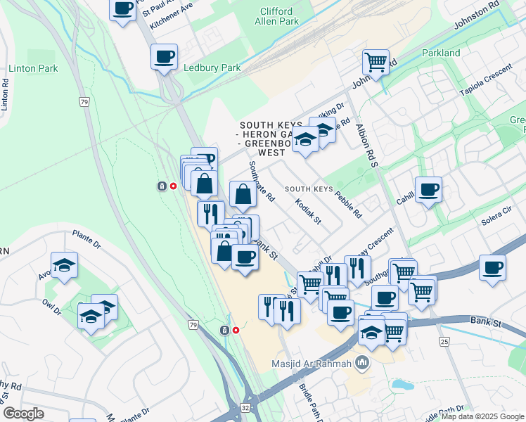 map of restaurants, bars, coffee shops, grocery stores, and more near 3290 Southgate Road in Ottawa