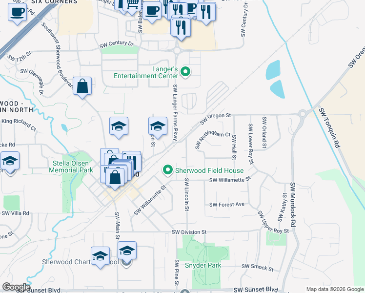 map of restaurants, bars, coffee shops, grocery stores, and more near 15440 Southwest Oregon Street in Sherwood